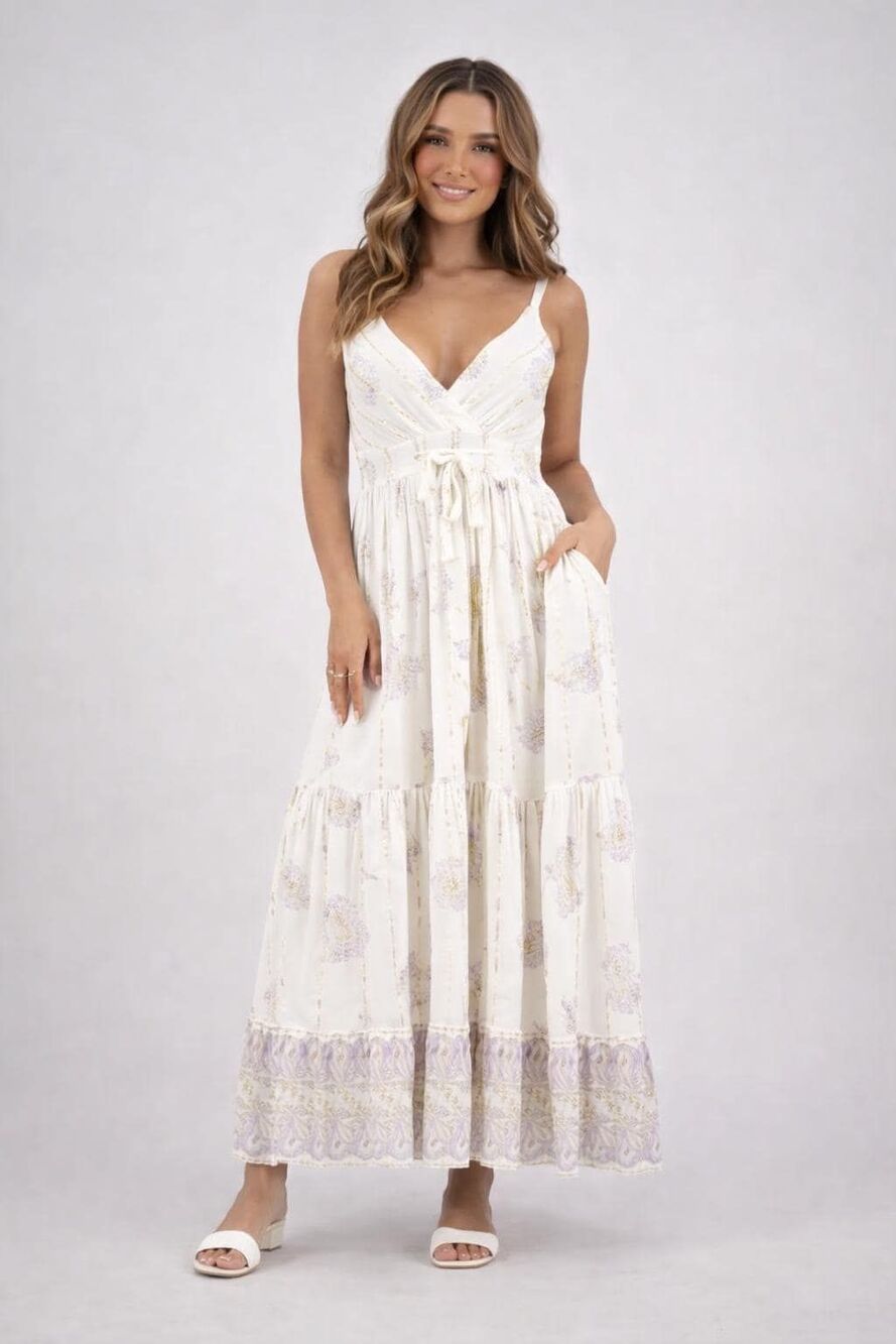White & Lavender Coastal Maxi Dress Boho Vacation beach Resort - Picture 4 of 5